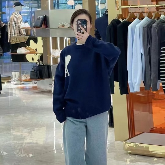 AMI Paris Navy Blue Sweater with White Accent NEW